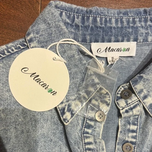 Acid Wash Denim Ruffle Button-Up Shirt - Picture 2 of 7